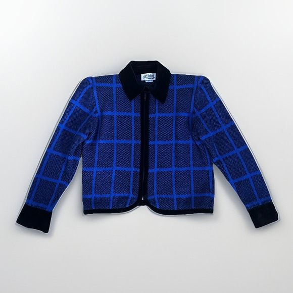 St. John Collection by Marie Gray Sweaters - St John Marie Gray Zip Cardigan 6 Blue Check Plaid Knit Black Velvet Trim Pads